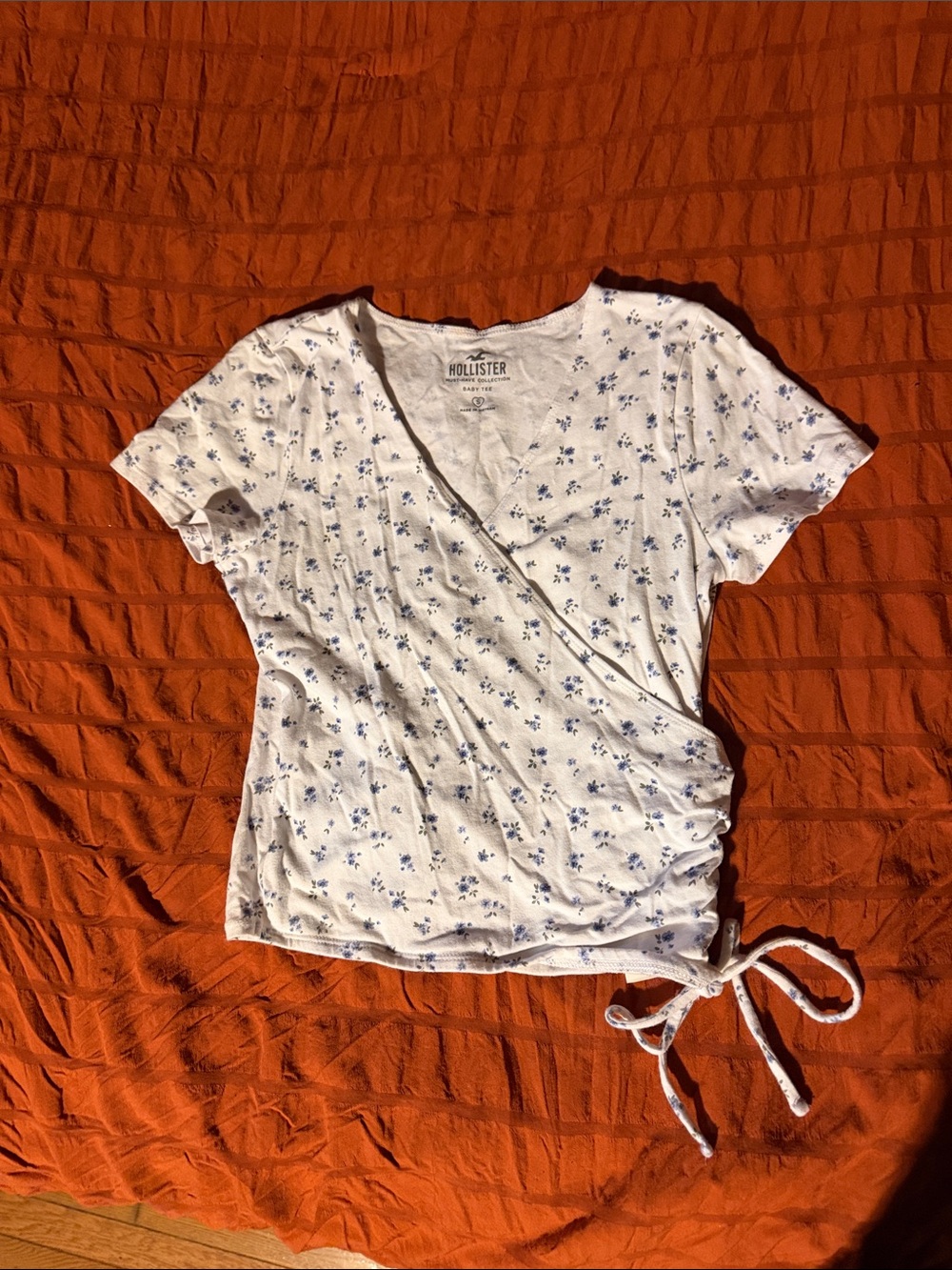 Hollister White Short-Sleeve Floral Wrap Top with Side Tie